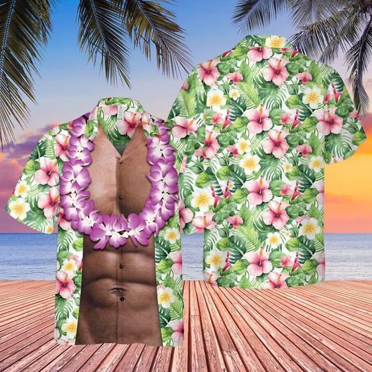 Funny Abs Black Men Aloha Tropical Flowers Hawaiian Shirt