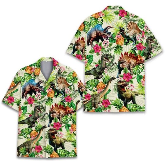 Tropical Dinosaur Hawaiian Shirts For Men Women, Dinosaur Summer Aloha Short Sleeve Shirt