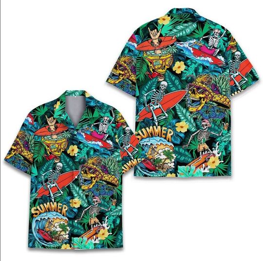 Skull Beach Hawaiian Shirt, Tropical Skeleton Surfing Summer Button Down Shirt