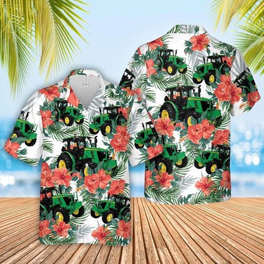 Tractor Hawaiian Flowers Hawaiian Shirt Tropical Summer Beach Aloha Button Down