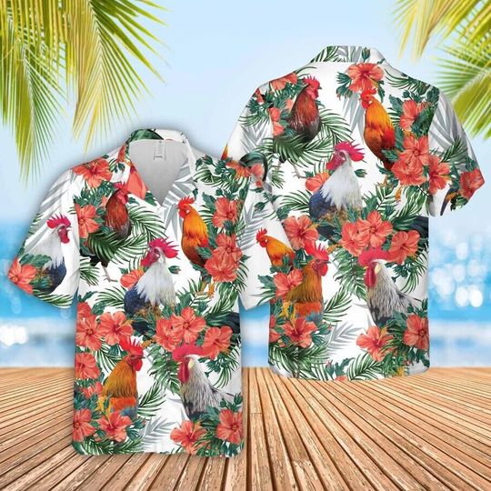 Chicken Hawaiian Flowers Hawaiian Shirt Tropical Summer Beach Aloha Button Down