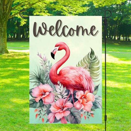 Welcome Flamingo and Flowers Garden Flag