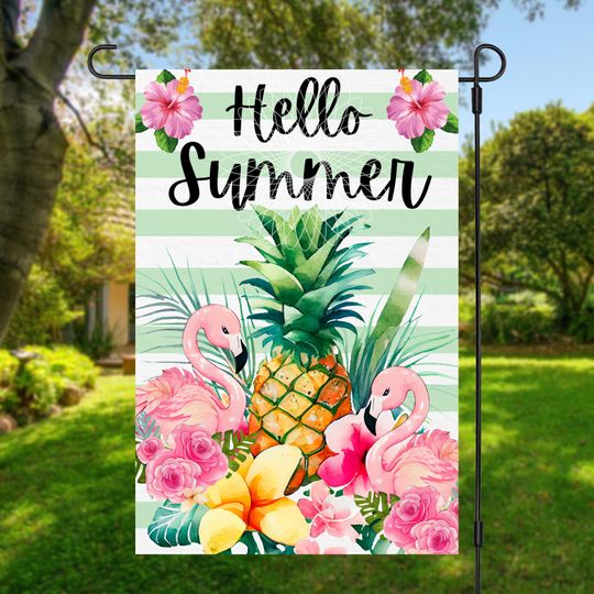 Hello Summer, Pink Flamingo and Flowers Garden Flag