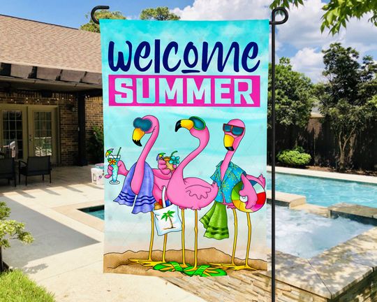 Sublimation Welcome Summer Tropical Flamingo Garden Flag