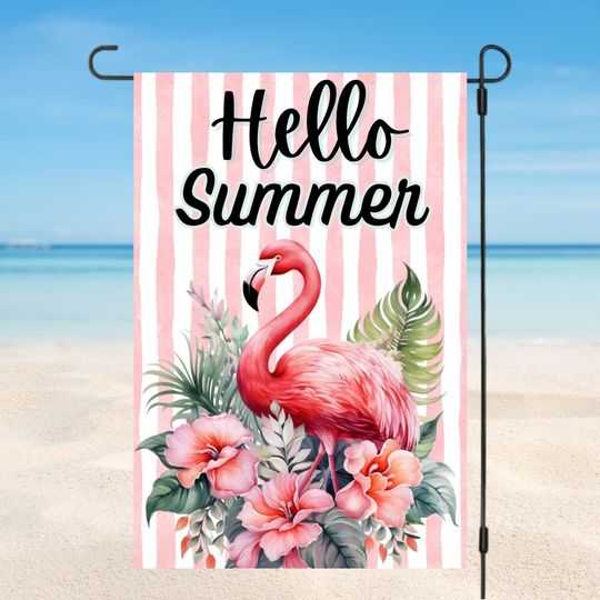 Hello Summer, Pink Flamingo and Flowers Garden