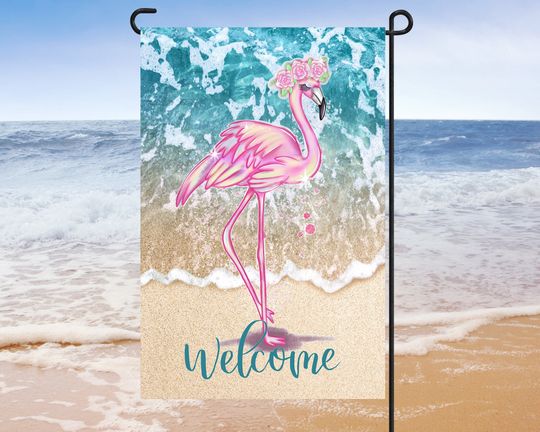 Flamingo Beach Garden Flag, Welcome Garden Flag Sublimation