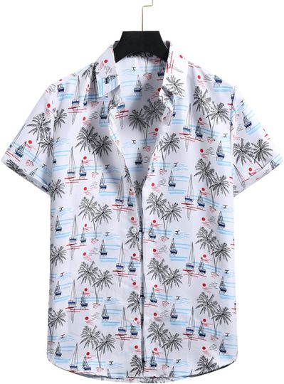 Hawaiian Aloha Shirt Short Sleeve - Casual Summer Lapel Coconut Tree Print Beach Shirt