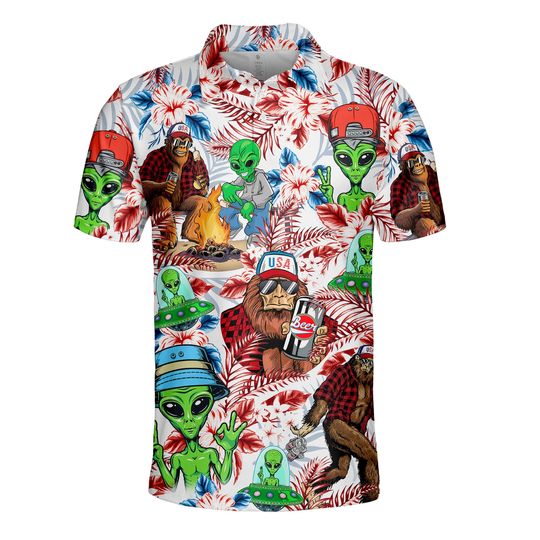 Tropical Bigfoot and Alien Polo Shirts for Men Women, Alien Sasquatch