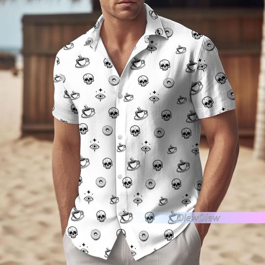 Funny Donut Skull Hawaiian Shirt, Cereal Killer Fun Casual Woven Button Up Shirt