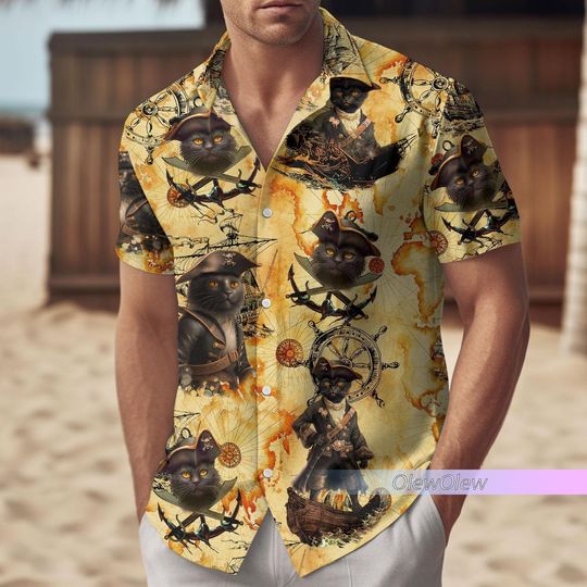 Black Cat Pirate Hawaiian Shirt, Black Cat Button Shirt, Funny Cat Shirt