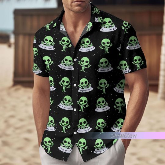 Alien Hawaiian Shirt, Alien UFO Button Down Unisex Style Shirt