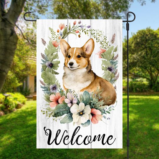 Corgi Dog and Flowers, Welcome Garden Flag