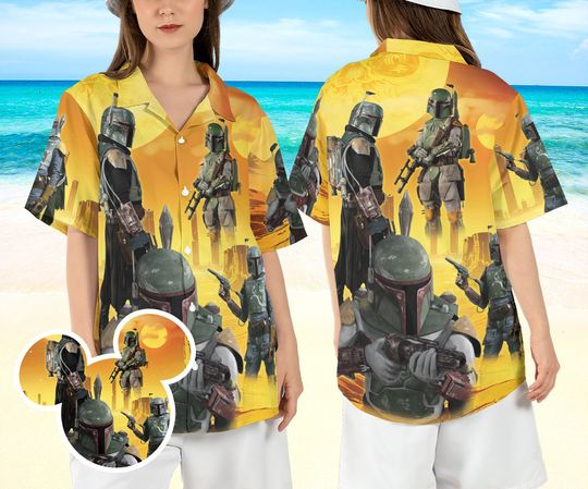 Boba Fett Sunset Hawaiian Shirt, Star Wars Hawaii Shirt, Mandalorian Beach Aloha Shirt, Bounty Hunter Mens Button Up Shirt, Galaxy Edge