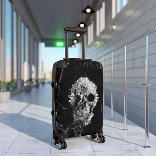 Marble Skull Cabin Suitcase, Sugar Skull Traveler Suitcase Gift, Flower Skull Suitcase Gift, Floral Skull Luggage