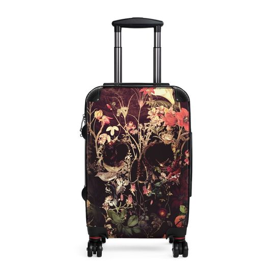 Bloom Skull Cabin Suitcase, Floral Boho Art Traveler Suitcase Gift, Gothic Traveler Gift, Flower Skull Suitcase Gift, Sugar Skull Luggage