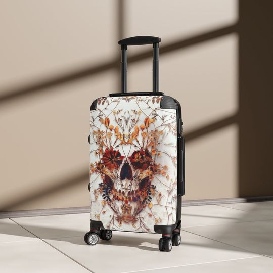 Delicate Skull Cabin Suitcase, Boho Art Traveler Suitcase Gift, Gothic Traveler Gift, Flower Sugar Skull Suitcase Gift, Skull Luggage Gift