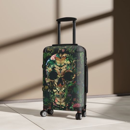 Floral Skull Cabin Suitcase, Boho Art Traveler Suitcase Gift, Gothic Traveler Gift, Flower Sugar Skull Suitcase Gift, Skull Luggage Gift