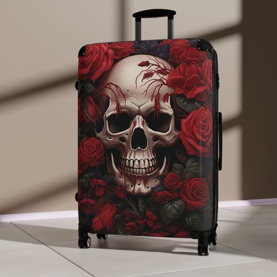 Stunning Suitcase Red roses and a skull on black hard shell luggage