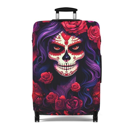 Day Of The Dead Beautiful La Catrina Dia De Los Muertos Pink Purple Red Flowers Halloween Travel Gifts Trick Or Treat Luggage Cover Suitcase