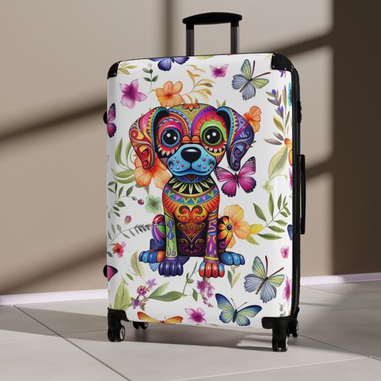 Sugar Skull Dog with Butterflies Travel Suitcase