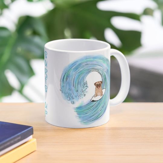 Watercolor Pug Dog Surfing Surfs Up Mug