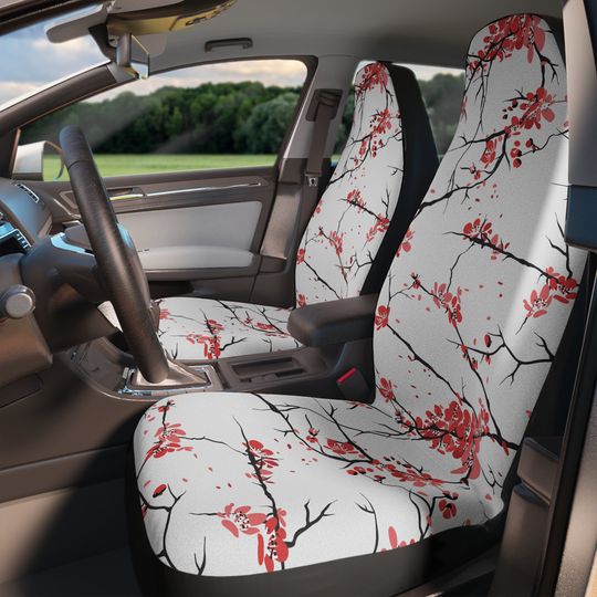 Two Red Cherry Blossom Branches on Car Seat Covers