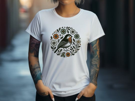 Bird T-shirt, Floral Shirt, Flower Tee, Robin Gift