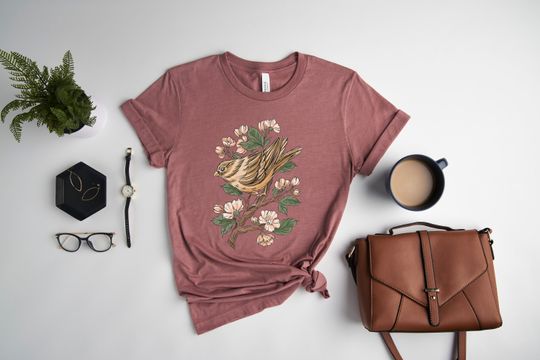 Sparrow Bird With Flowers T-shirt, Nature Lover Tee, Gift for Bird Lover