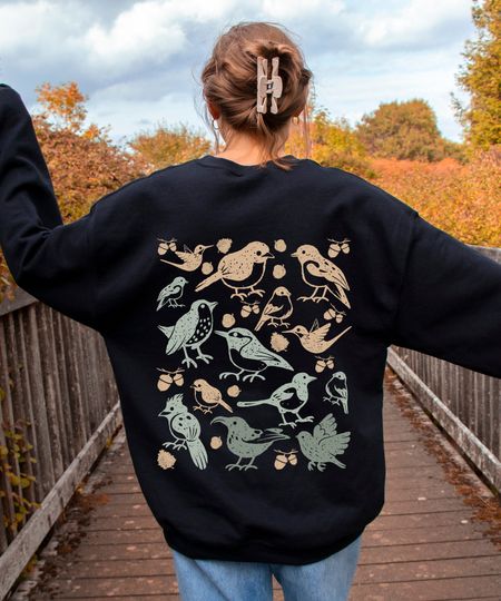 Preppy Indie Bird Sweatshirt, Indie Vintage Bird Pattern On Back Sweatshirt, Bird Nature Lover Gift