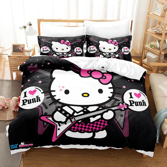 Rock Music Hello Kitty Duvet Cover Pillowcase Bedding Set Quilt Cover