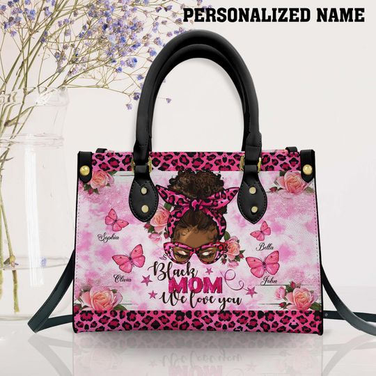 Personalized Mom Black Woman Leather Bag, Mother's Day Gift