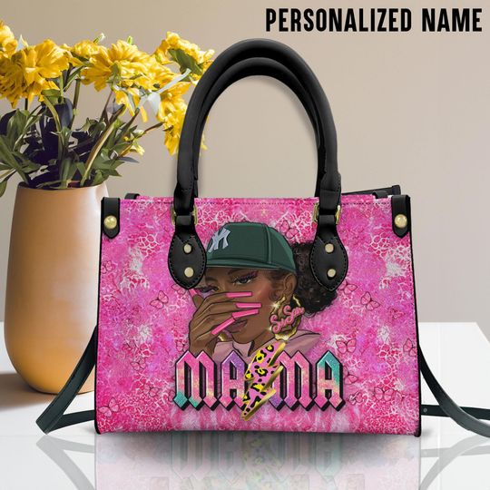 Custom Name Black Mom Leather Bag, Mother's Day Gift
