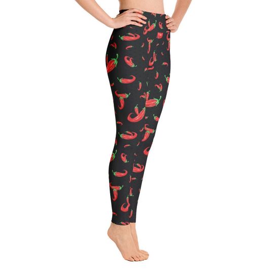 Waist High Yoga Leggings for Women, Cinco de Mayo Leggings, Red Chili Pepper Design, Custom Print Handmade
