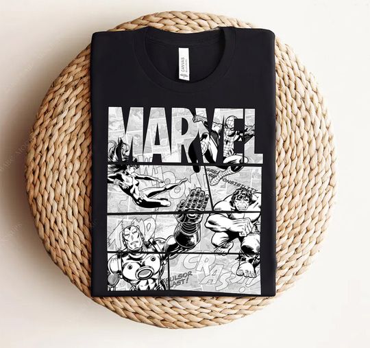 Marvel Avengers Retro Black and White Comic Graphic Shirt