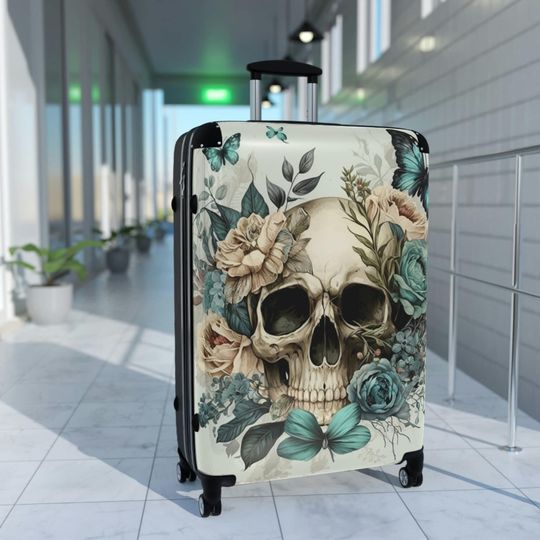 Suitcase with a skull and flowers, Travel Suitcase