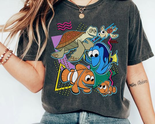 Disney Retro 90s Style Group Shot Finding Nemo Characters Squad Shirt