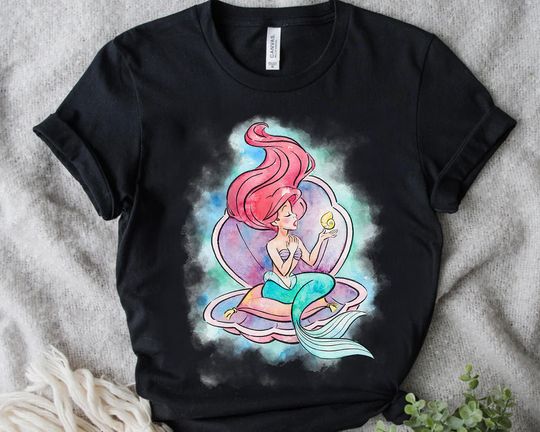 Vintage  Disney Little Mermaid Ariel In Shell Watercolor Shirt