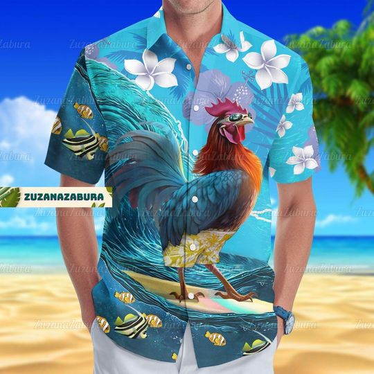 Chicken Button Shirt, Chicken Surfing Shirt, Button Up Shirt