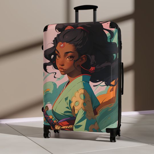 Anime Black Girl Samurai Suitcase Women Airport Luggage Built-in Lock Swivel Suitcase
