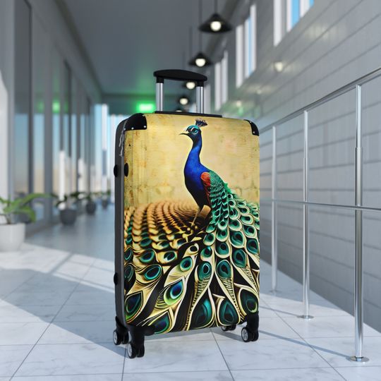 Peacock Print Suitcase, Peacock Portrait Gift,  Colourful Bird Gifts, Wedding Bridal Gift Ideas, Birthday Anniversary Wheeled Travel Bags