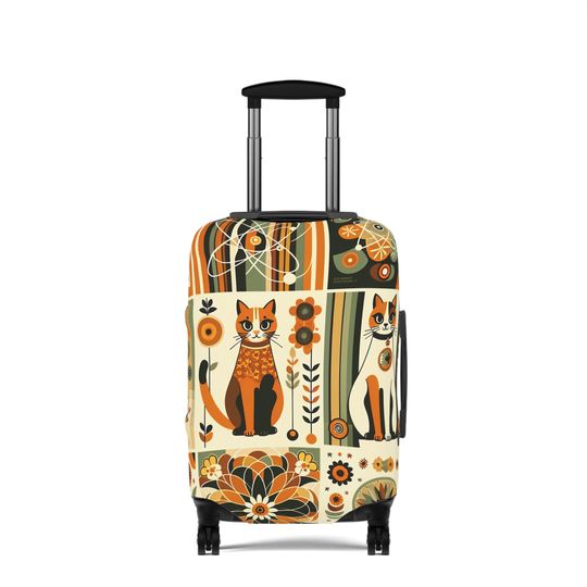 Atomic Cat Lover Luggage Cover - Mid-Century Modern Style, Spandex-Polyester Blend, Easy Handle Access