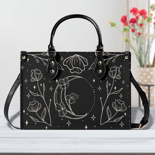 Witch Faux Leather Purse, Cute Women Flower Moon Hand Bag Shoulder Bag