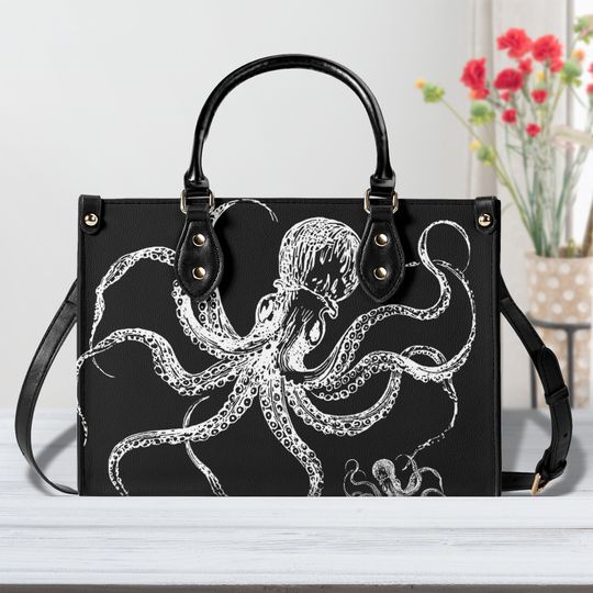 Black White Octopus Purse, Faux Leather Hand Bag, Cute Womens Shoulder Bag