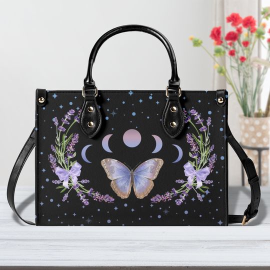 Vegan Purple Butterfly Faux Leather Purse, Cute women Moon Phases Hand Bag Shoulder Bag