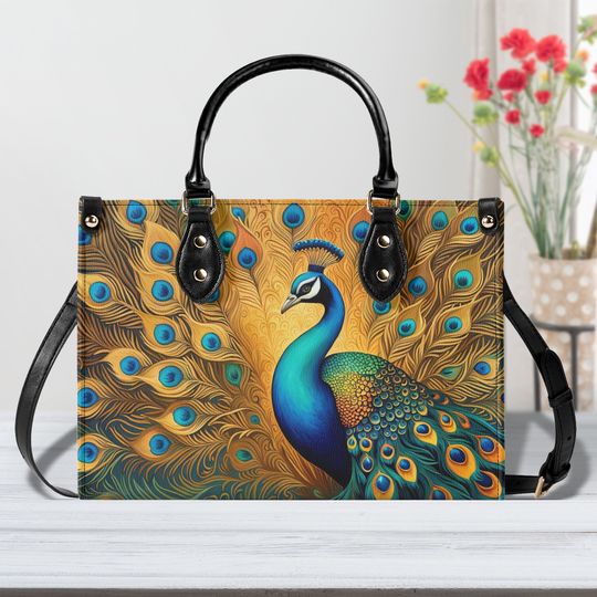 Golden Peacock Purse Handbag, Majestic Vegan Leather Bag