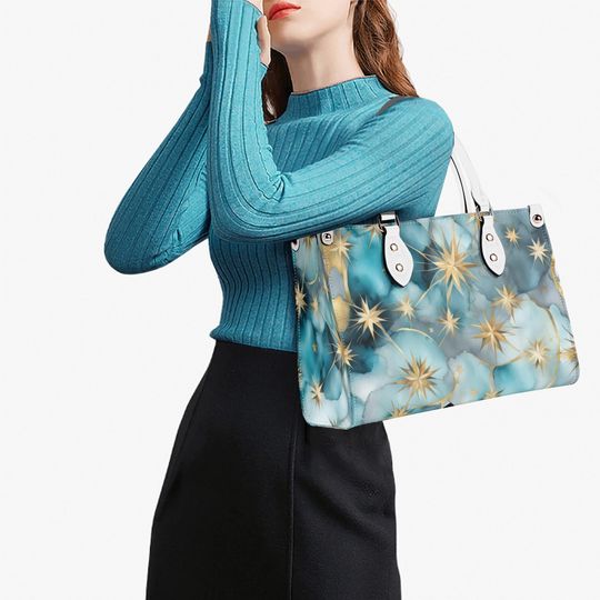 Turquoise Celestial Stars Tote Purse, Blue Green Unique Artistic Handbag Vegan Leather