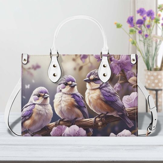 Elegant Purple Birds Floral Purse, Song Bird Flowers Vegan Leather Hand Bag