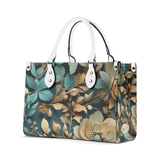 Elegant Teal Floral Purse, Blue Green Tan Flowers Vegan Leather Hand Bag