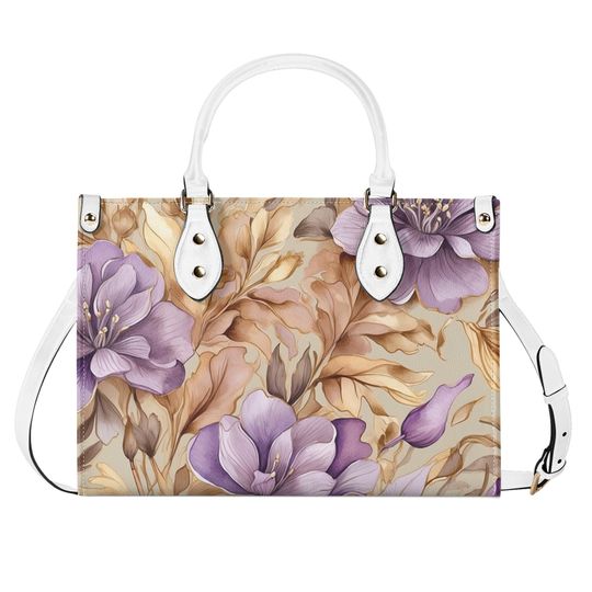 Elegant Light Purple Floral Purse, Lavender Tan Flowers Vegan Leather Hand Bag