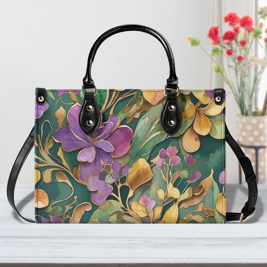 Elegant Mardi Gras Floral Purse, Purple Green Flowers Vegan Leather Hand Bag